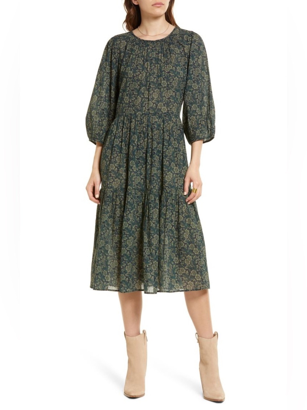 Treasure & Bond Floral Tiered Midi Dress Green